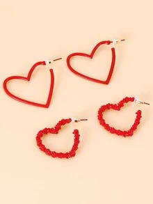 2 pares Pendientes de aro abierto con diseño de corazón - Rojo - Ver 4