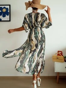 SHEIN Swim Kimono Nữ Xù nhỏ Chia Thắt nơ trước Tất cả trên in Boho - Nhiều màu - Xem 2
