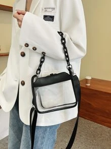 防水時尚迷你透明鏈條裝飾方形包，體育場認證 12 X 12 X 6 透明錢包包適用於音樂會、體育賽事、節日、日常通勤、旅行、夏季海灘度假、街頭派對、透明扣、透明 PVC 拼接、透明 - 黑色 - 查看 3