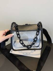 防水時尚迷你透明鏈條裝飾方形包，體育場認證 12 X 12 X 6 透明錢包包適用於音樂會、體育賽事、節日、日常通勤、旅行、夏季海灘度假、街頭派對、透明扣、透明 PVC 拼接、透明 - 黑色 - 查看 6