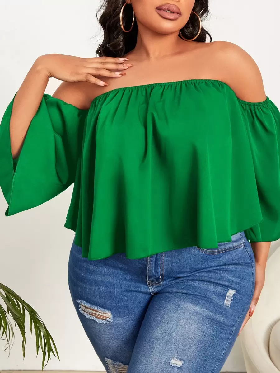 Slaydiva Plus Off Shoulder Solid Blouse - Green - View 1