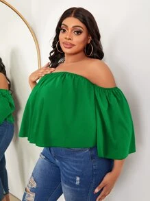 Slaydiva Plus Off Shoulder Solid Blouse - Green - View 3