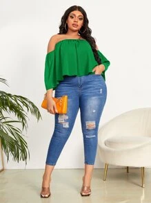 Slaydiva Plus Off Shoulder Solid Blouse - Green - View 5