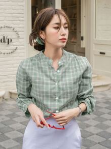 DAZY Plaid Bishop Sleeve Button Front Blouse Long Sleeve Top - Mint Green - View 1