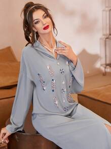 Al Najma Rhinestone Detail Drop Shoulder Slit Front Modest Long Sleeve Djellaba Dress - Grey - View 1