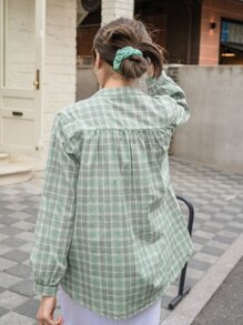 DAZY Plaid Bishop Sleeve Button Front Blouse Long Sleeve Top - Mint Green - View 2