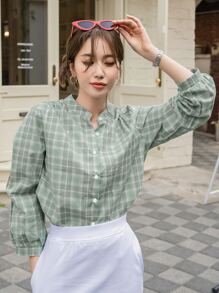 DAZY Plaid Bishop Sleeve Button Front Blouse Long Sleeve Top - Mint Green - View 3