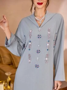 Al Najma Rhinestone Detail Drop Shoulder Slit Front Modest Long Sleeve Djellaba Dress - Grey - View 3