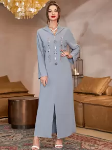 Al Najma Rhinestone Detail Drop Shoulder Slit Front Modest Long Sleeve Djellaba Dress - Grey - View 4