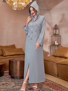 Al Najma Rhinestone Detail Drop Shoulder Slit Front Modest Long Sleeve Djellaba Dress - Grey - View 5