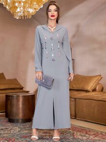 Al Najma Rhinestone Detail Drop Shoulder Slit Front Modest Long Sleeve Djellaba Dress - Grey - View 6