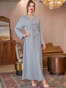 Al Najma Rhinestone Detail Drop Shoulder Slit Front Modest Long Sleeve Djellaba Dress - Grey - View 7