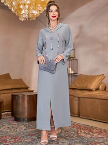 Al Najma Rhinestone Detail Drop Shoulder Slit Front Modest Long Sleeve Djellaba Dress - Grey - View 8