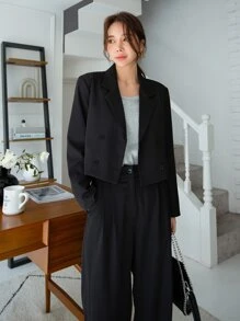 DAZY Bộ âu phục nữ Nút đôi Túi màu trơn Thanh lịch - màu đen - Xem 3