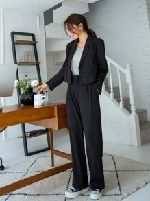 DAZY Bộ âu phục nữ Nút đôi Túi màu trơn Thanh lịch - màu đen - Xem 6