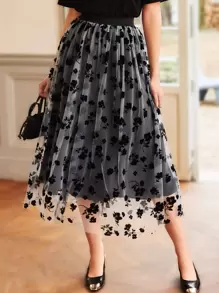 SHEIN Clasi Váy nữ Tương phản Mesh Hoa Thanh lịch - Đen và trắng - Xem 1