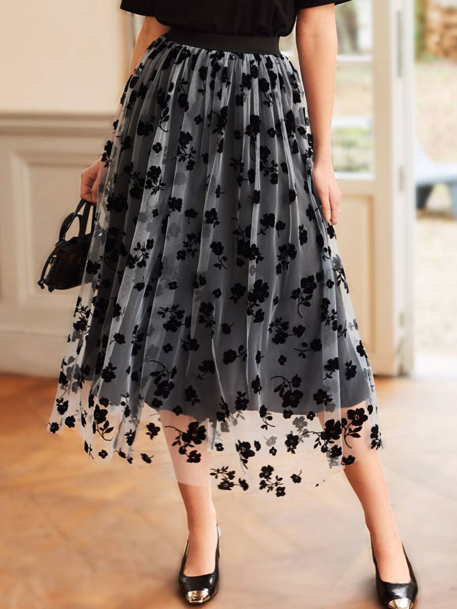 SHEIN Clasi Váy nữ Tương phản Mesh Hoa Thanh lịch - Đen và trắng - Xem 1