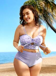 SHEIN Swim Curve Bãi biển mùa hè Plus Size Ditsy Floral Print Knot Front Cut Out Bikini Set - Màu Lilac Tím - Xem 5