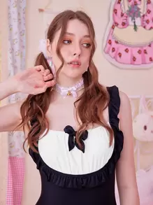 ROMWE Kawaii 2 In 1 Frill Bow Decor One Piece Swimsuit - Black and White - View 3