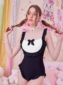 ROMWE Kawaii 2 In 1 Frill Bow Decor One Piece Swimsuit - Black and White - View 4