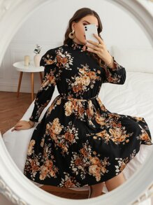 SHEIN Clasi Plus Floral Print Shirred Ruffle Hem Belted Dress