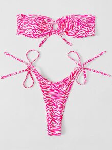 SHEIN Swim 斑馬紋比基尼套裝鏤空抹胸文胸和丁字褲下裝2入組泳衣 - 粉色 - 查看 1