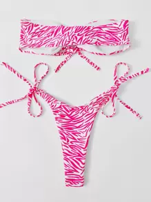 SHEIN Swim 斑馬紋比基尼套裝鏤空抹胸文胸和丁字褲下裝2入組泳衣 - 粉色 - 查看 2