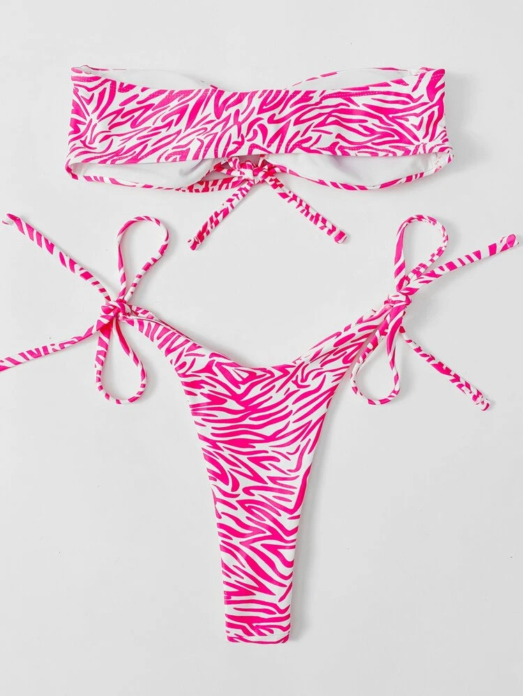 Summer Beach Zebra Stripe Bikini Set Cut-Out Bandeau Bra & Thong Bottom 2 Piece Bathing Suit