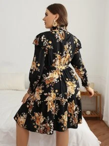 SHEIN Clasi Plus Floral Print Shirred Ruffle Hem Belted Dress