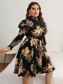 SHEIN Clasi Plus Floral Print Shirred Ruffle Hem Belted Dress