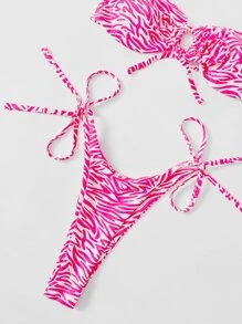 SHEIN Swim 斑馬紋比基尼套裝鏤空抹胸文胸和丁字褲下裝2入組泳衣 - 粉色 - 查看 4