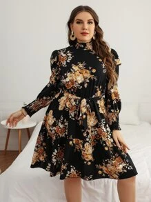 SHEIN Clasi Plus Floral Print Shirred Ruffle Hem Belted Dress