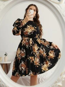 SHEIN Clasi Plus Floral Print Shirred Ruffle Hem Belted Dress