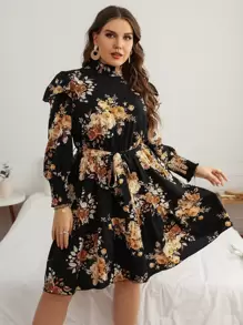 SHEIN Clasi Plus Floral Print Shirred Ruffle Hem Belted Dress