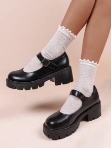 Buckle Decor Platform Mary Jane Shoes - Black - View 1