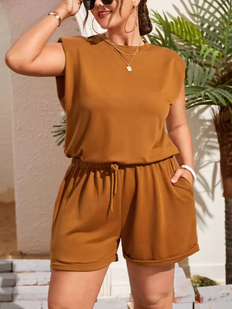 SHEIN VCAY Plus Solid Shoulder Pad Slant Pocket Romper - Brown - View 1