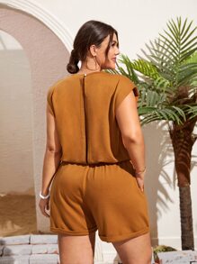SHEIN VCAY Plus Solid Shoulder Pad Slant Pocket Romper - Brown - View 2