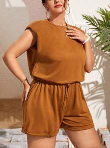 SHEIN VCAY Plus Solid Shoulder Pad Slant Pocket Romper - Brown - View 5