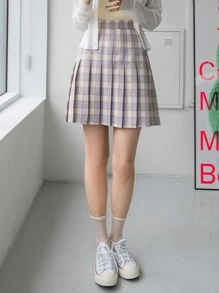 DAZY 格紋側拉鍊百褶裙 - 彩色 - 查看 1