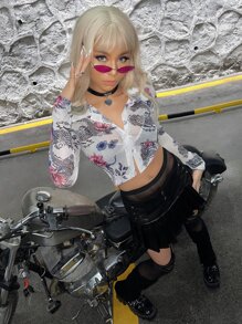 SHEIN ICON Floral & Dragon Print Mesh Top - White - View 3