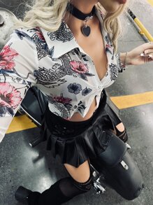 SHEIN ICON Floral & Dragon Print Mesh Top - White - View 4