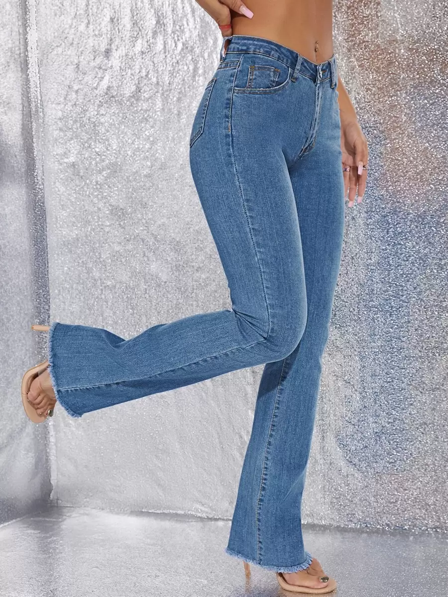 SHEIN ICON Raw Hem Flare Leg Skinny Jeans - Medium Wash - View 1