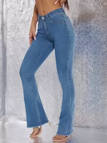 SHEIN ICON Raw Hem Flare Leg Skinny Jeans - Medium Wash - View 3