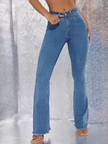 SHEIN ICON Raw Hem Flare Leg Skinny Jeans - Medium Wash - View 4