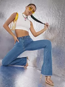 SHEIN ICON Raw Hem Flare Leg Skinny Jeans - Medium Wash - View 5