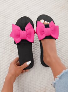 Women's Fashionable Plastic Slippers With Bowknot Decoration And Thick Sole - Hot Pink - View 1