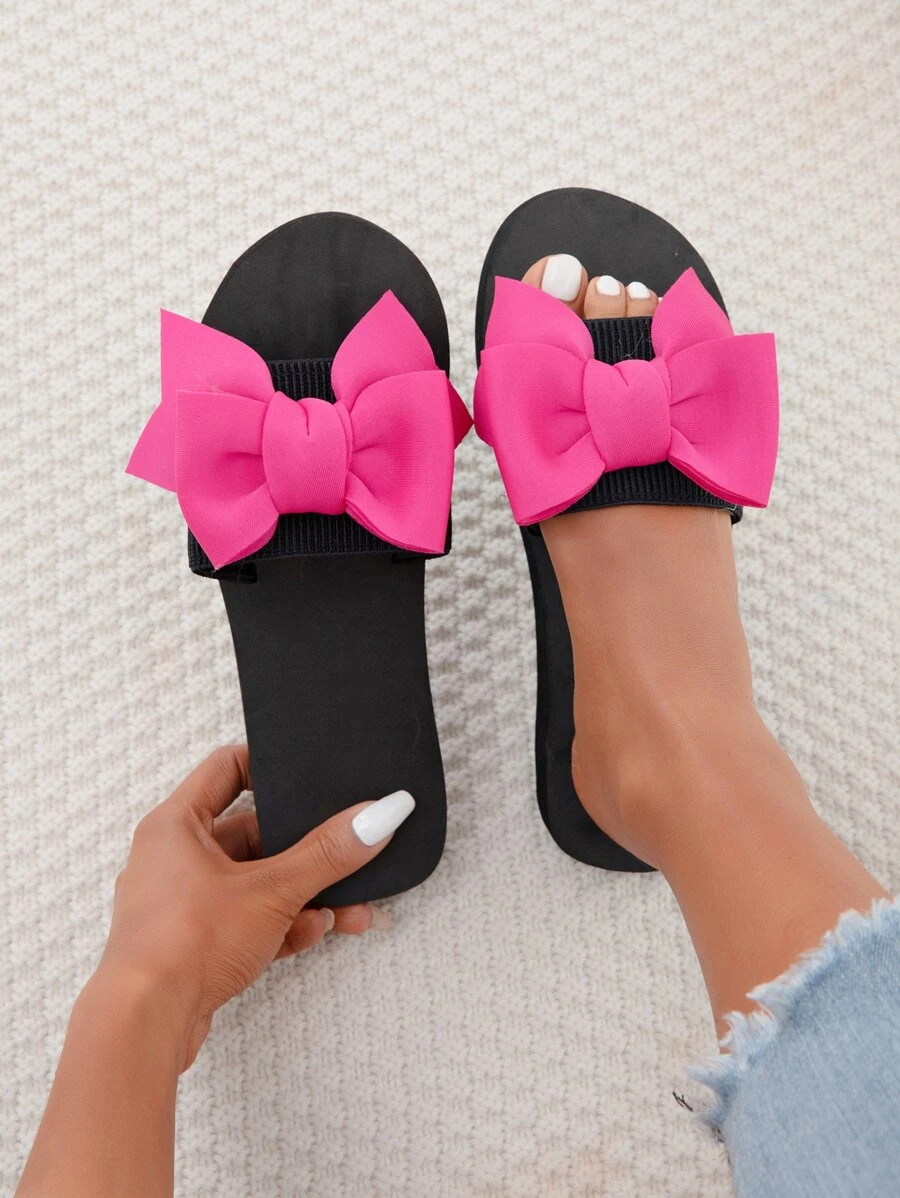 Women's Fashionable Plastic Slippers With Bowknot Decoration And Thick Sole - Hot Pink - View 1