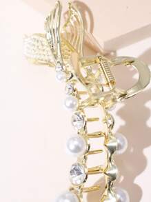 Rhinestone & Faux Pearl Decor Fishtail Design Hair Claw - Gold - View 4
