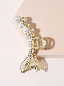 Rhinestone & Faux Pearl Decor Fishtail Design Hair Claw - Gold - View 5