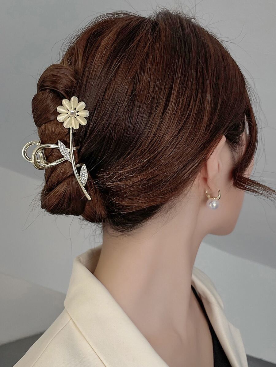 Garra de pelo con diseño de diamante de imitación con diseño de flor - Dorado - Ver 1